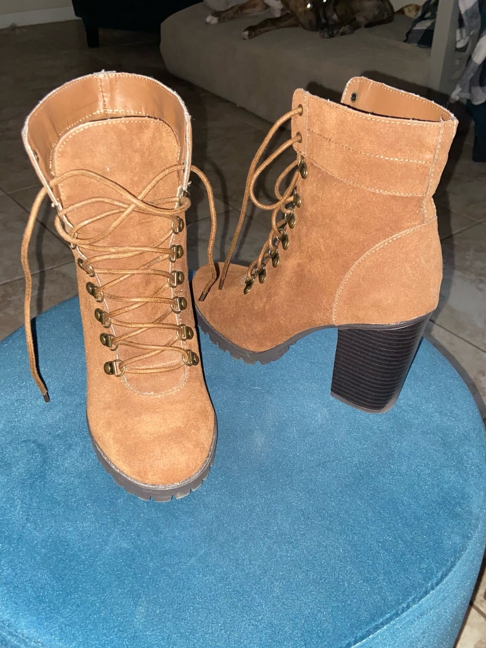 Shoe Dazzle Cognac Suede Lace-Up Block Heel Ankle Boots